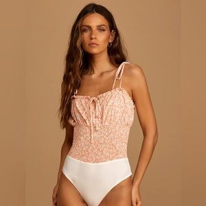 Peach Floral Print Smocked Tie-Strap Bodysuit NWT